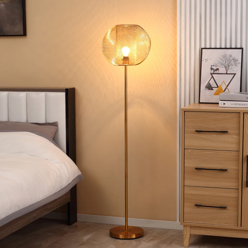 HOMCOM Stehlampe Wohnzimmer Stehleuchte 40W Standleuchte mit E27 Fassung Metallgitter Schirm Schlafzimmer Vintage Gold 35 x 150 cm