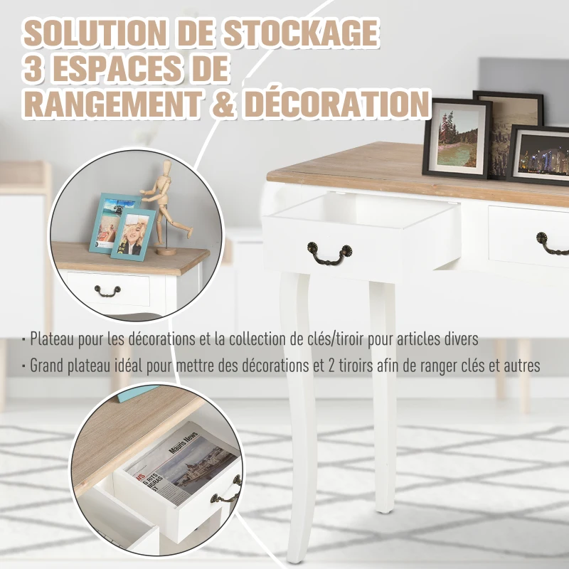 HOMCOM Table Console Table d'entrée Bout de Canapé Style Mexicain 2 tiroirs dim. 87L x 34l x 78H cm MDF Bois Massif pin Clair Blanc