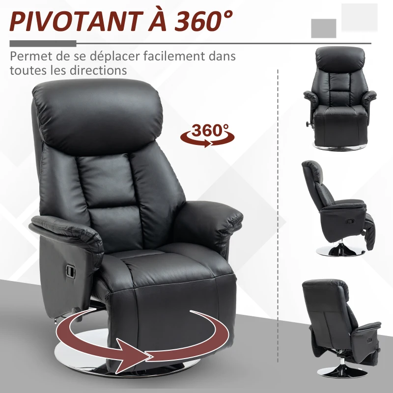 HOMCOM Fauteuil de relaxation inclinable pivotant repose-pied réglable, jusqu'à 150 kg, pour salon, chambre, home cinéma, noir