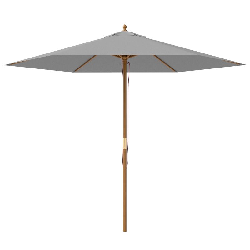 Outsunny 2.5m Wood Garden Parasol Sun Shade Patio Outdoor Wooden Umbrella Canopy, Table Market Umbrella with Vent, 38mm Pole, Rope Pulley Mechanism, Light Grey