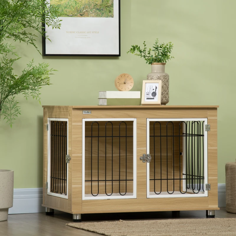 PawHut Casetta per Cani Taglia Media e Grande con 2 Porte Bloccabili e Cuscino Lavabile, 90x58x65 cm, Rovere