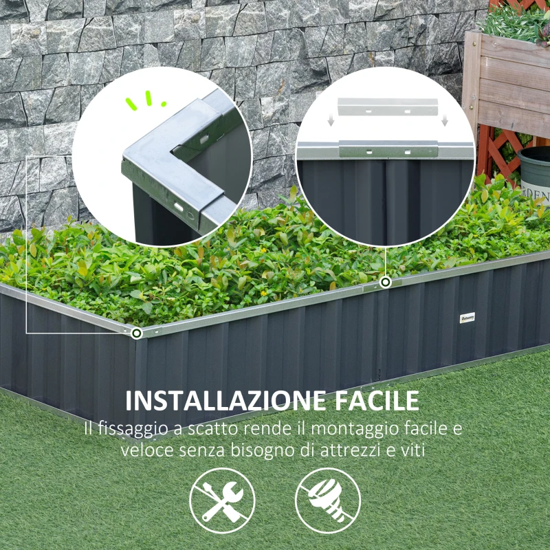 Outsunny Letto per Orto Rialzato in Acciaio, Forma Regolabile e Fondo aperto, 174x90x30cm