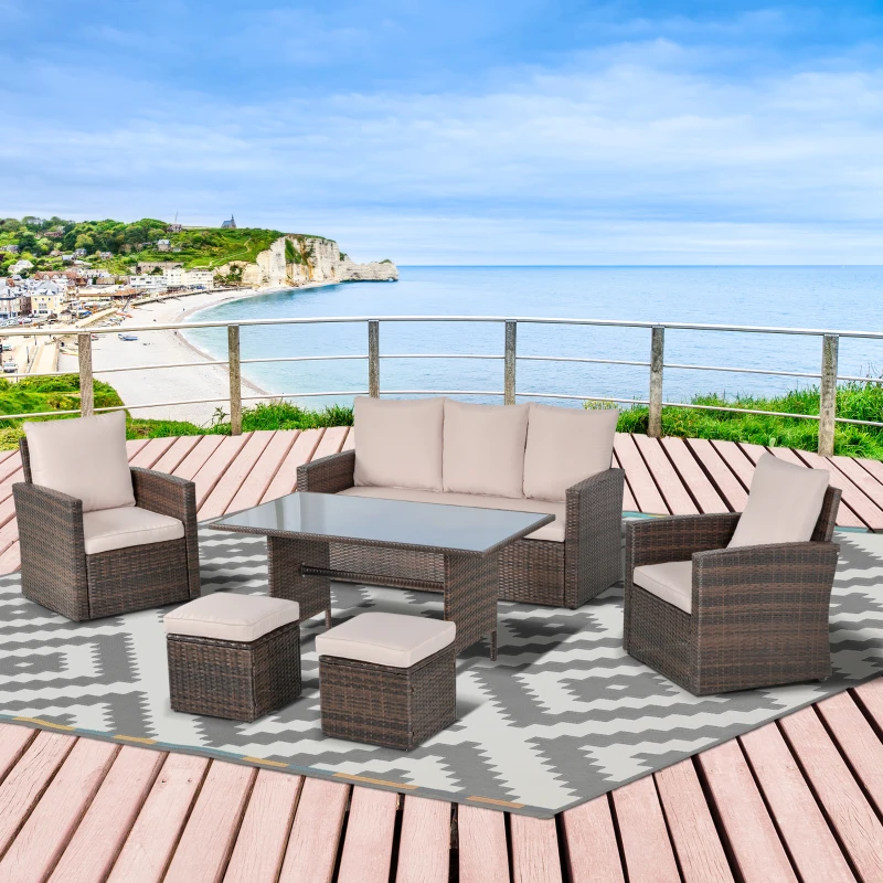 Outsunny Six-Piece Rattan Sofa Set, with Glass-Top Table - Mixed Brown