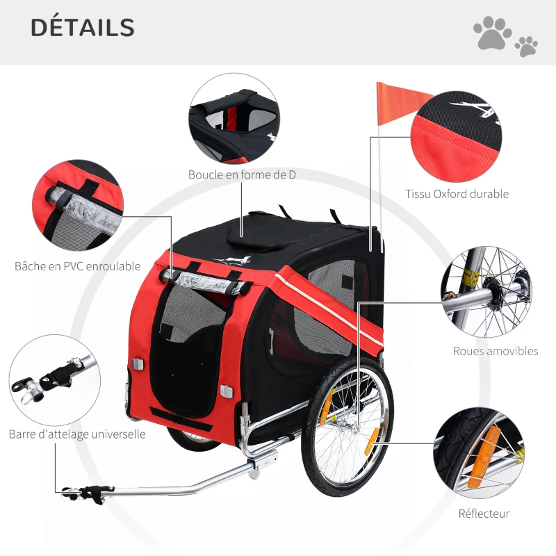 PawHut Remorque vélo pour Chien Animaux 8 réflecteurs Drapeau Barre attelage Inclus Acier Polyester imperméable Max. 30 Kg 130L x 73l x 90H cm Rouge