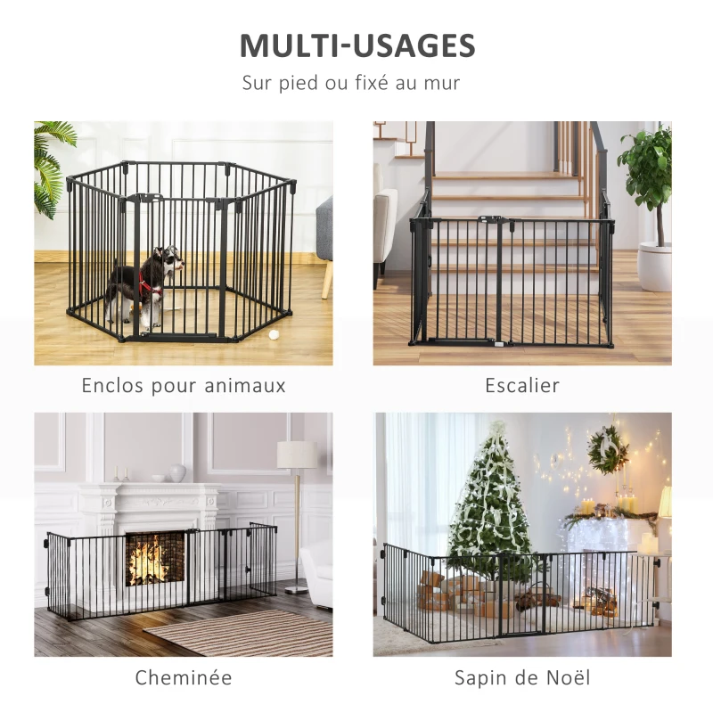 PawHut Barrière de sécurité barrière de protection cheminée parc enclos chien pliable modulable 6 panneaux avec porte sans perçage 362,5 x 76 cm noir