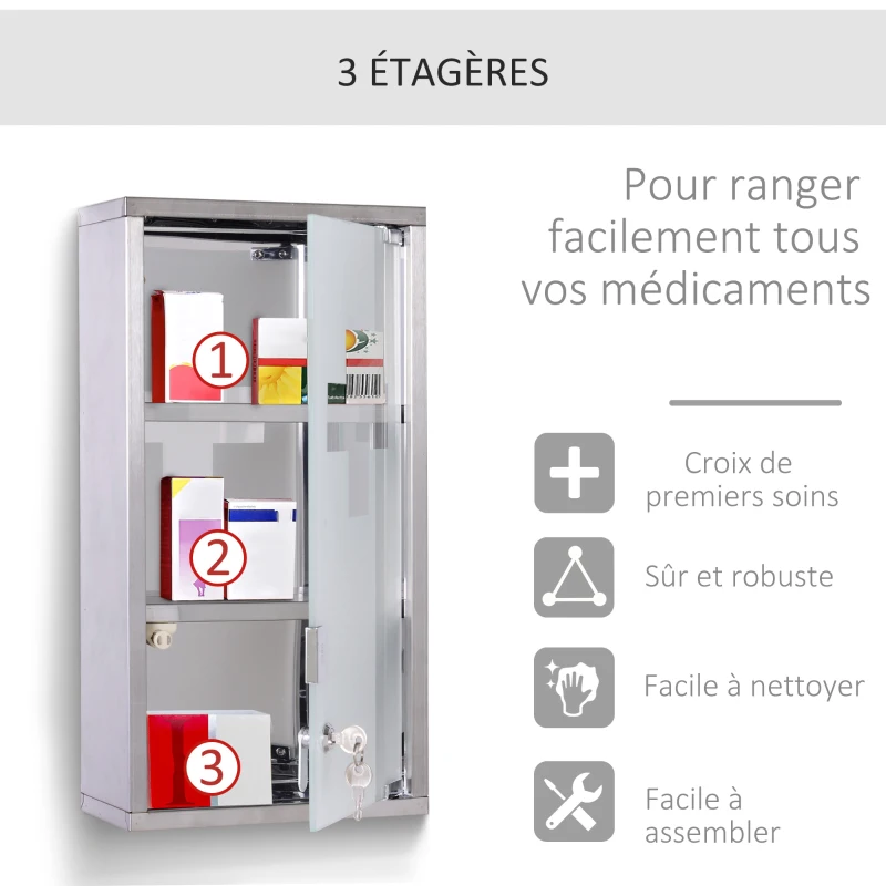HOMCOM Armoire à Pharmacie 2 étagères 3 Niveaux verrouillable Porte Verre trempé dépoli Logo Croix 25L x 12l x 48H cm Acier INOX