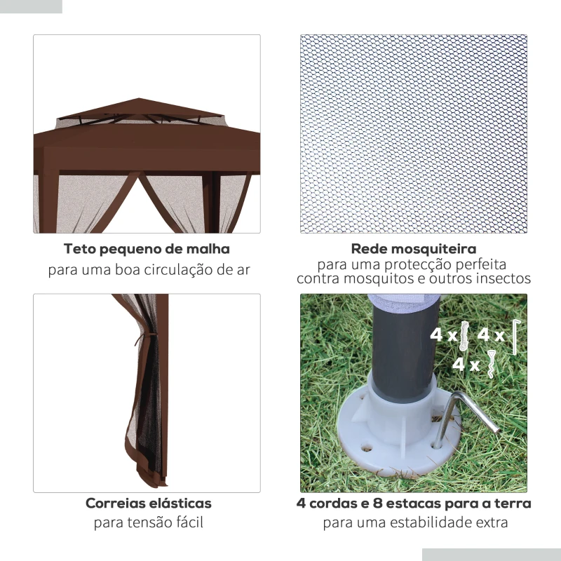 Outsunny Pérgola de Jardim 297x297x268 cm com 4 Redes Mosquiteiras Laterais Teto de Ventilação e 8 Orifícios de Drenagem Marrom