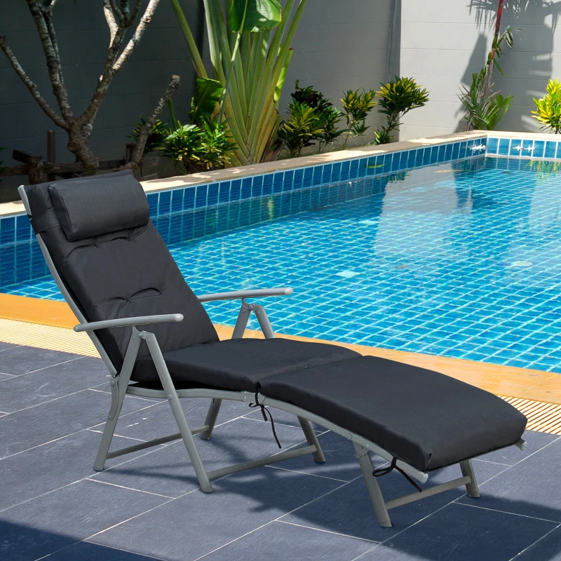 Outsunny Bain de Soleil Pliable transat inclinable 7 Positions Chaise Longue Grand Confort avec Matelas + accoudoirs métal époxy textilène Polyester Noir
