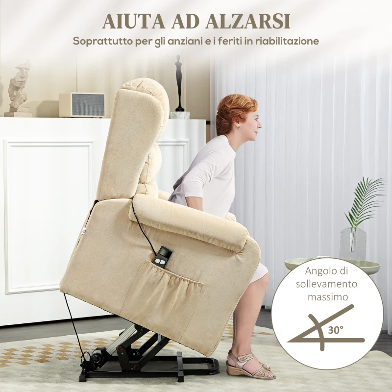 HOMCOM Poltrona Alzapersona Reclinabile a 160° con Poggiapiedi e Telecomando, in Velluto, 85x88x109 cm, Crema