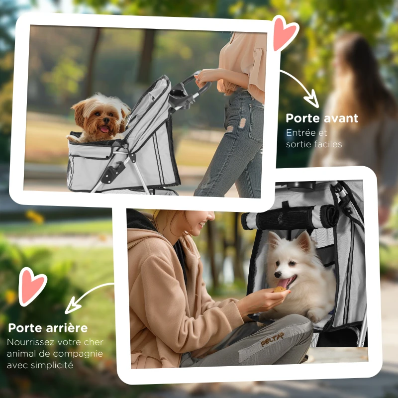 PawHut Poussette buggy pliable animaux, chariot pliant chien chat, porte-gobelet panier de rangement inclus, roues avec frein, tissu 600D Oxford acier, 75 x 45 x 97 cm gris(m-7)