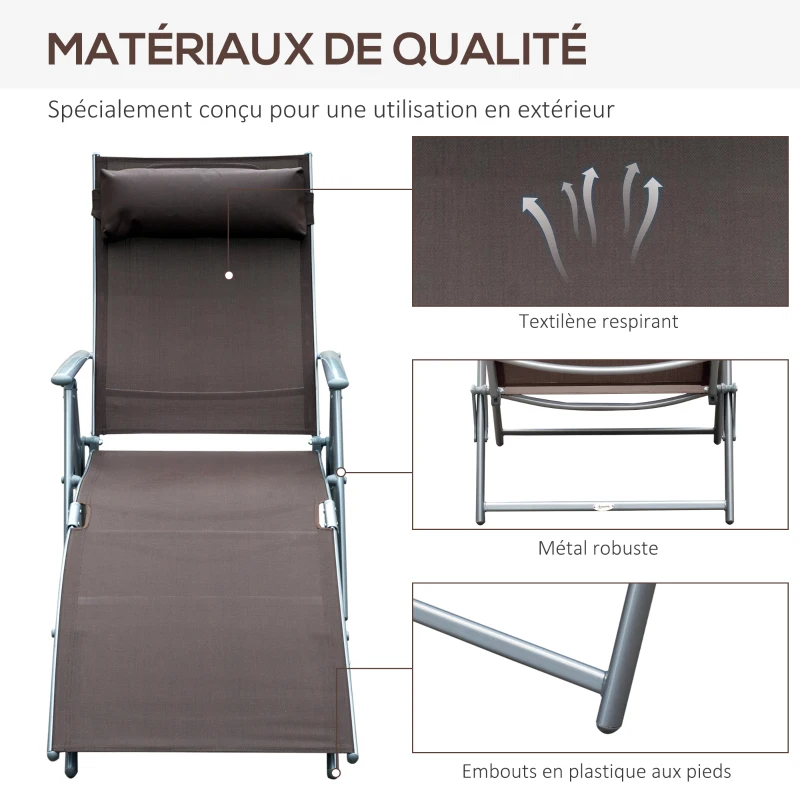 Outsunny transat Chaise Longue Bain de Soleil Pliable Dossier inclinable Multi-Positions têtière fournie 137L x 64l x 101H cm métal époxy textilène Marron