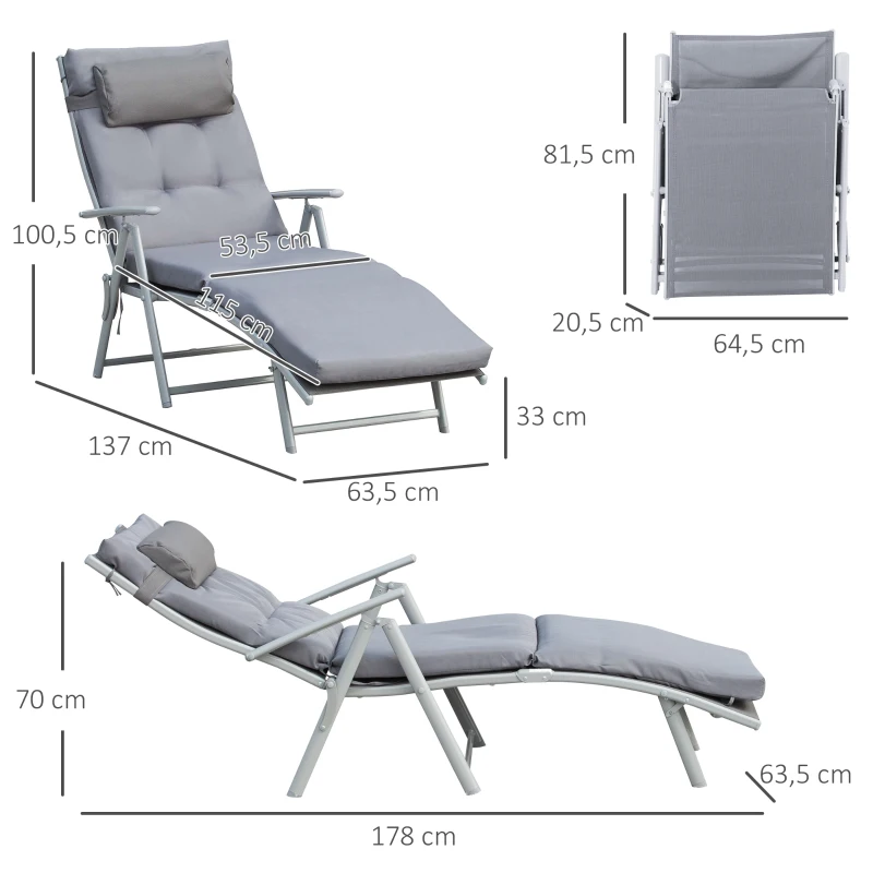 Outsunny Bain de Soleil Pliable transat inclinable 7 Positions Chaise Longue Grand Confort avec Matelas + accoudoirs métal époxy textilène Polyester Gris