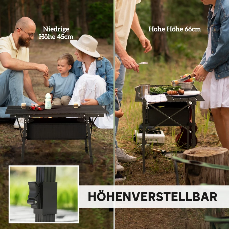 Outsunny Campingtafel met Opbergmand, In Hoogte Verstelbaar, Opvouwbaar, Aluminium, Zwart