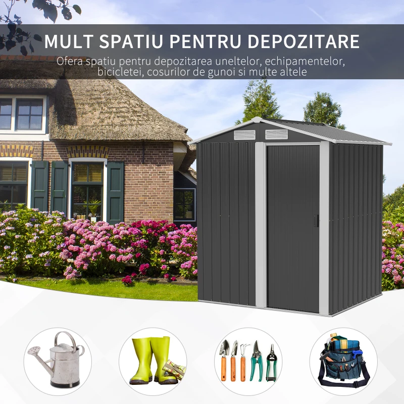 Outsunny Magazie de Gradina Cutie Scule din Otel, Acoperis Inclinat si 4 Prize de Aer, 152x132x188cm(m-6)
