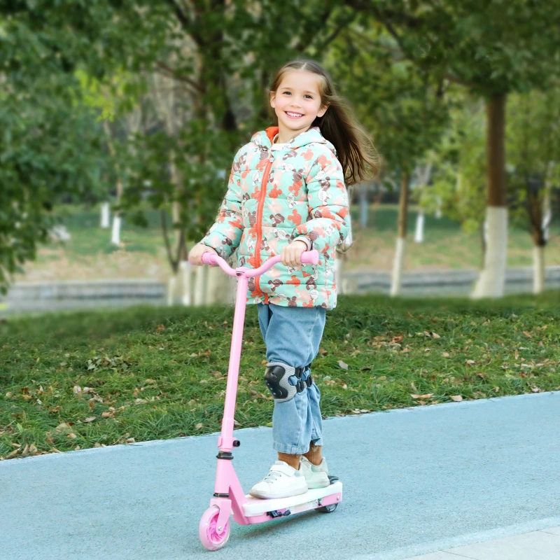 AIYAPLAY Patinete Eléctrico para Niños de 4 a 7 Años con Luces Ruedas Auxiliares y Freno de Pie Velocidad Máxima de 6 km/h Rosa