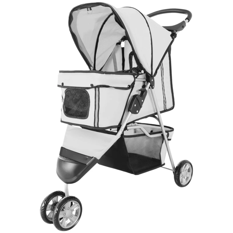 PawHut Poussette buggy pliable animaux, chariot pliant chien chat, porte-gobelet panier de rangement inclus, roues avec frein, tissu 600D Oxford acier, 75 x 45 x 97 cm gris(m-10)