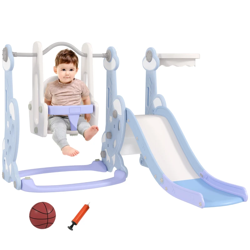 AIYAPLAY 4-in-1 Binnenspeelplaats, Glij- en Schommelset voor Peuters, Basketbalring, Raketontwerp, Kunststof, Lichtblauw