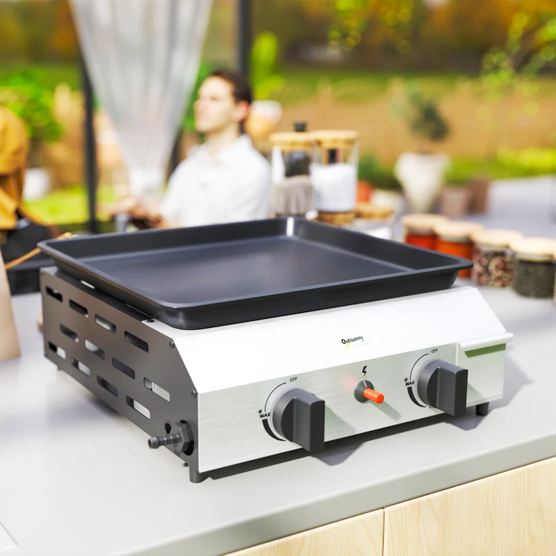 Outsunny Gasgrill 8000BTU/2,4 KW Grillwagen inkl 2 Edelstahl-Brenner Druckminderer 44 x 44,5 x 19 cm Silber+Schwarz