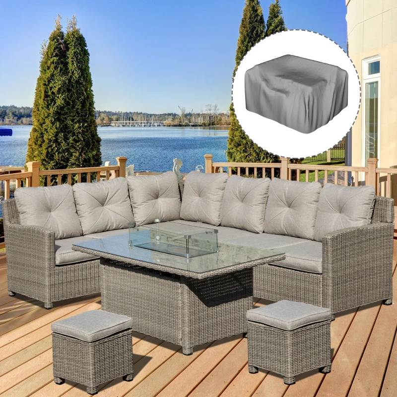 Outsunny 8-Seater Outdoor PE Rattan Sofa Set Conversation Set w/ Fire Pit Table, L-Shape Sofa, Footstool and Furniture Cover