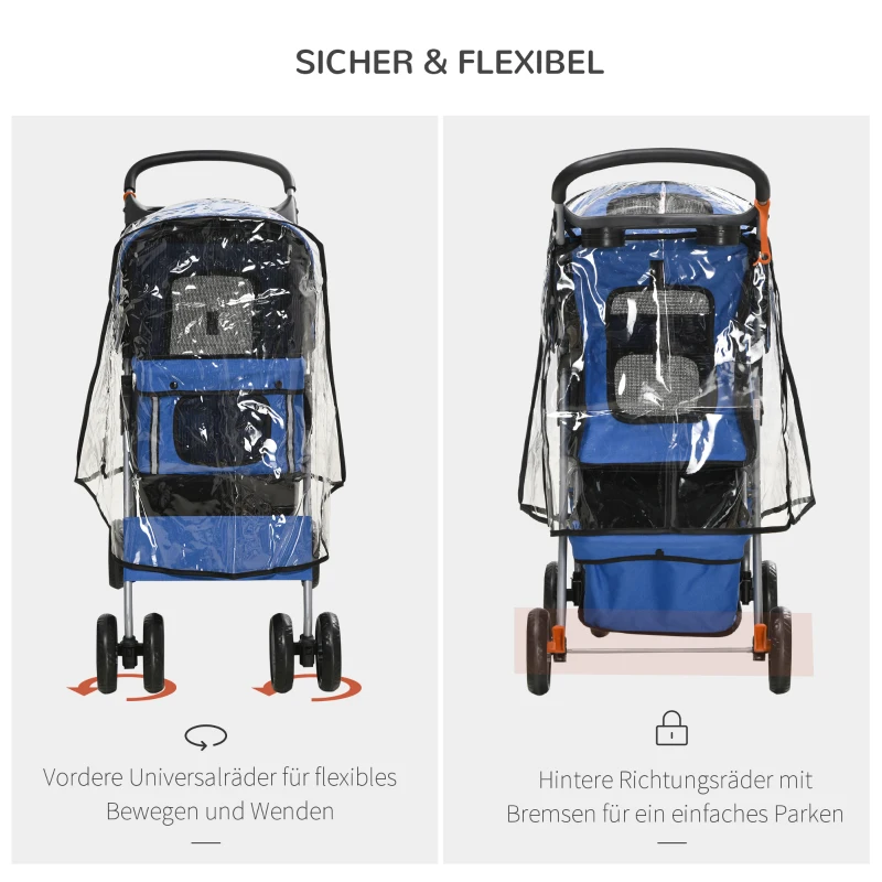 PawHut Poussette pour animaux de compagnie, pliable, avec 1 panier, 2 porte-gobelets, 75 cm x 45 cm x 97 cm, Bleu