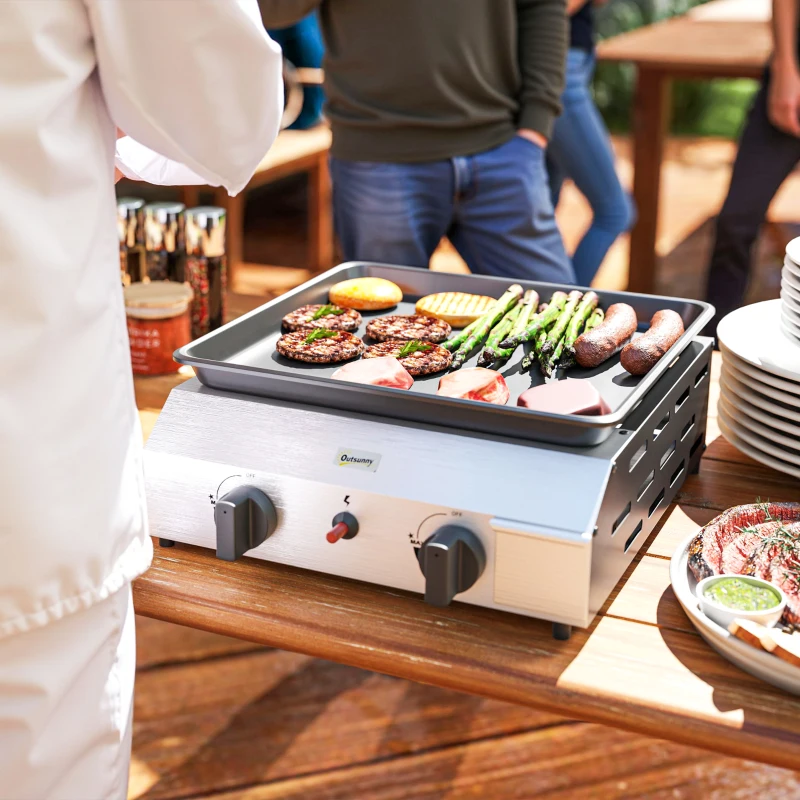 Outsunny Gasgrill 8000BTU/2,4 KW Grillwagen inkl 2 Edelstahl-Brenner Druckminderer 44 x 44,5 x 19 cm Silber+Schwarz