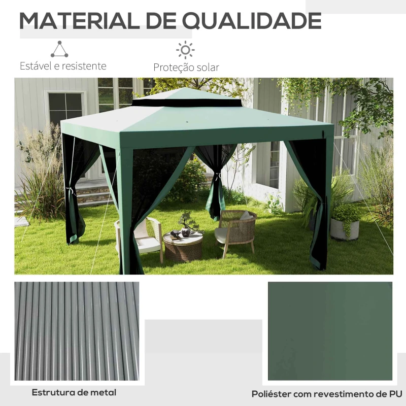 Outsunny Pérgola de Jardim com 4 Mosquiteiras Teto Duplo 8 Orifícios de Drenagem e Estrutura de Metal 297x297x268 cm Verde