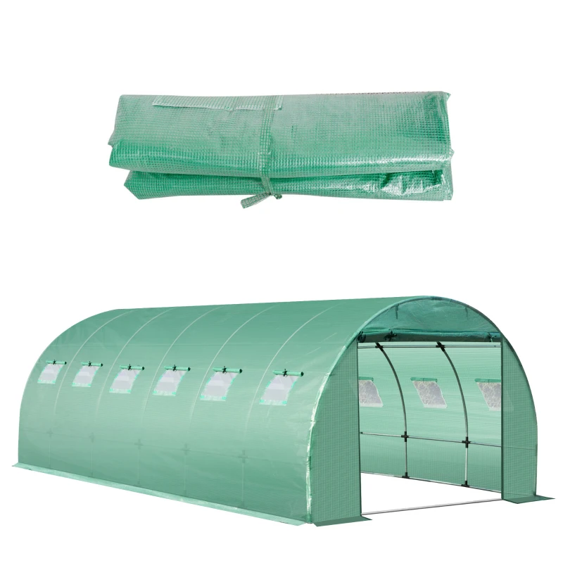 Outsunny Cobertura de Estufa de Túnel 6x3x2m Cobertura de Substituição de Estufa Polietileno com 12 Janelas e Portas Enroláveis Proteção de Plantas para Jardim Verde