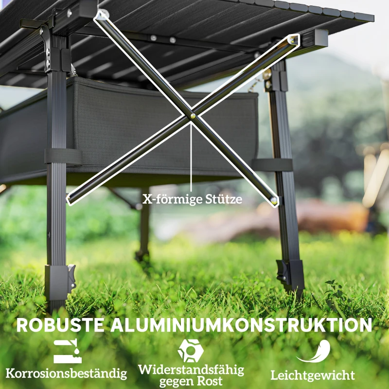Outsunny Campingtafel met Opbergmand, In Hoogte Verstelbaar, Opvouwbaar, Aluminium, Zwart