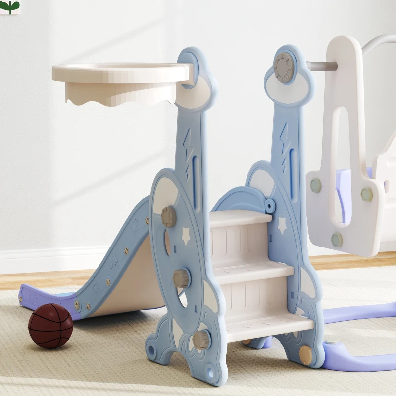 AIYAPLAY 4-in-1 Binnenspeelplaats, Glij- en Schommelset voor Peuters, Basketbalring, Raketontwerp, Kunststof, Lichtblauw