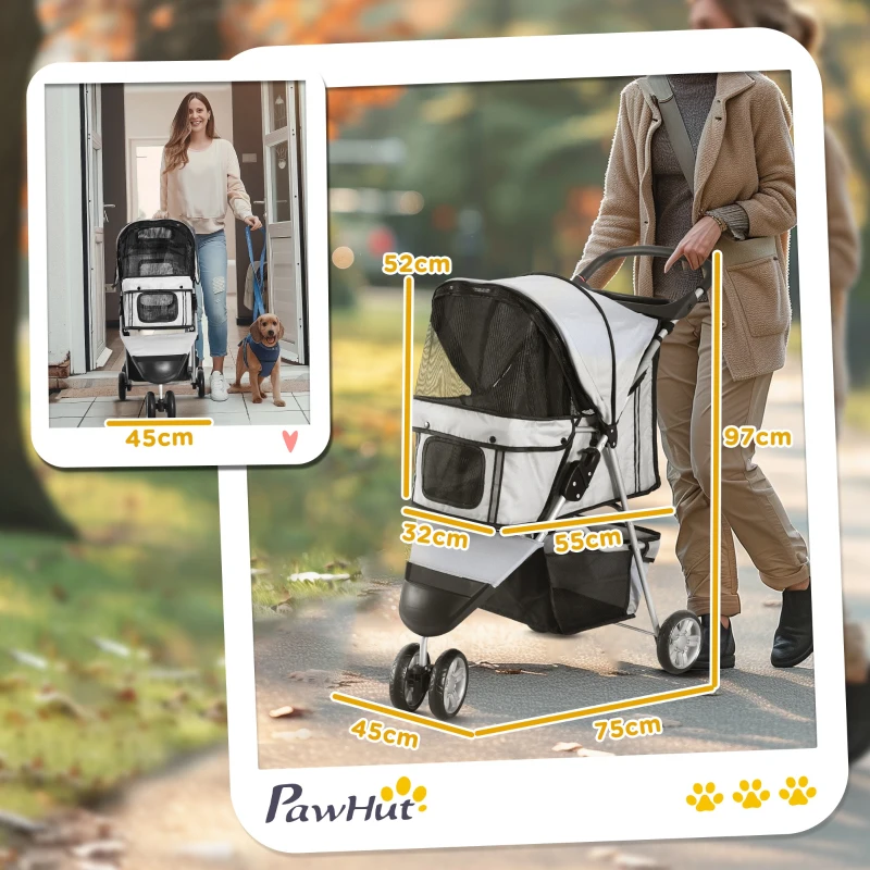PawHut Poussette buggy pliable animaux, chariot pliant chien chat, porte-gobelet panier de rangement inclus, roues avec frein, tissu 600D Oxford acier, 75 x 45 x 97 cm gris(m-3)