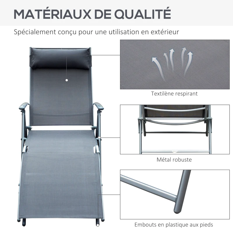 Outsunny transat Chaise Longue Bain de Soleil Pliable Dossier inclinable Multi-Positions têtière fournie 137L x 64l x 101H cm métal époxy textilène Gris