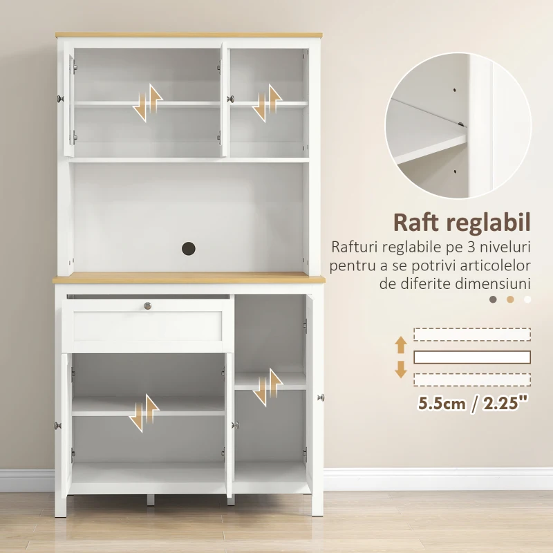 HOMCOM Bufet de Bucătărie cu Sertare, Rafturi Deschise și Rafturi Reglabile din Lemn MDF, 100x40x180 cm, Alb(m-6)