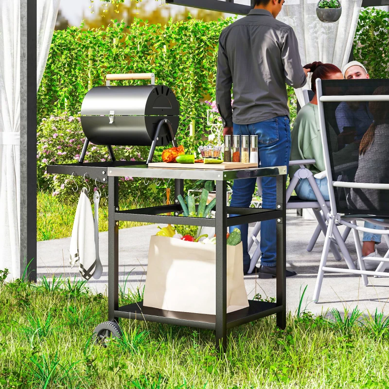 Outsunny BBQ Trolley with Stainless Steel Top and Foldable Side Table, Outdoor Kitchen Barbecue Station with Hooks and Shelf, Pizza Oven Table Movable Outdoor Grill Dining Cart with Cover, Black