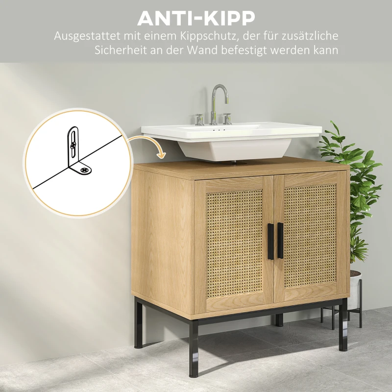 kleankin Badezimmerunterschrank, im Boho-Design, Badezimmerschrank, Rattan-Elemente, mit U-Ausschnitt, Eiche