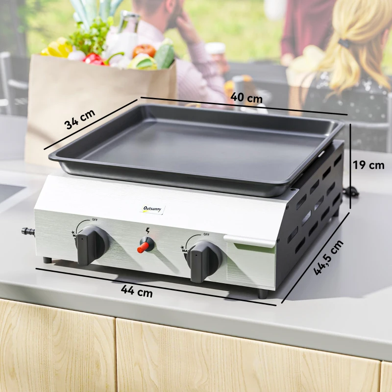 Outsunny Gasgrill 8000BTU/2,4 KW Grillwagen inkl 2 Edelstahl-Brenner Druckminderer 44 x 44,5 x 19 cm Silber+Schwarz