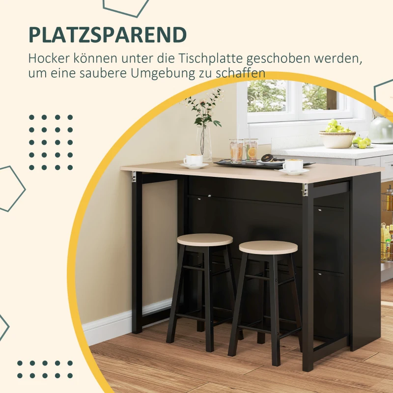 HOMCOM 3-cz. Zestaw Barowy, Bartisch ze Składanym Blatem, 2 Stołki Barowe, 6 Schowków, Czarny+Dąb, 116 x 70 x 89,5 cm
