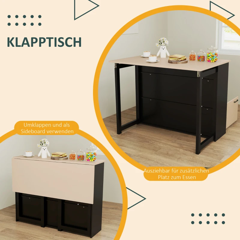 HOMCOM 3-cz. Zestaw Barowy, Bartisch ze Składanym Blatem, 2 Stołki Barowe, 6 Schowków, Czarny+Dąb, 116 x 70 x 89,5 cm