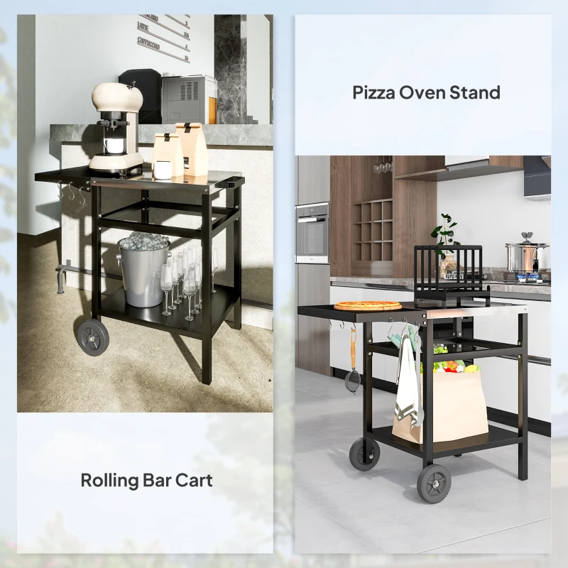 Outsunny BBQ Trolley with Stainless Steel Top and Foldable Side Table, Outdoor Kitchen Barbecue Station with Hooks and Shelf, Pizza Oven Table Movable Outdoor Grill Dining Cart with Cover, Black