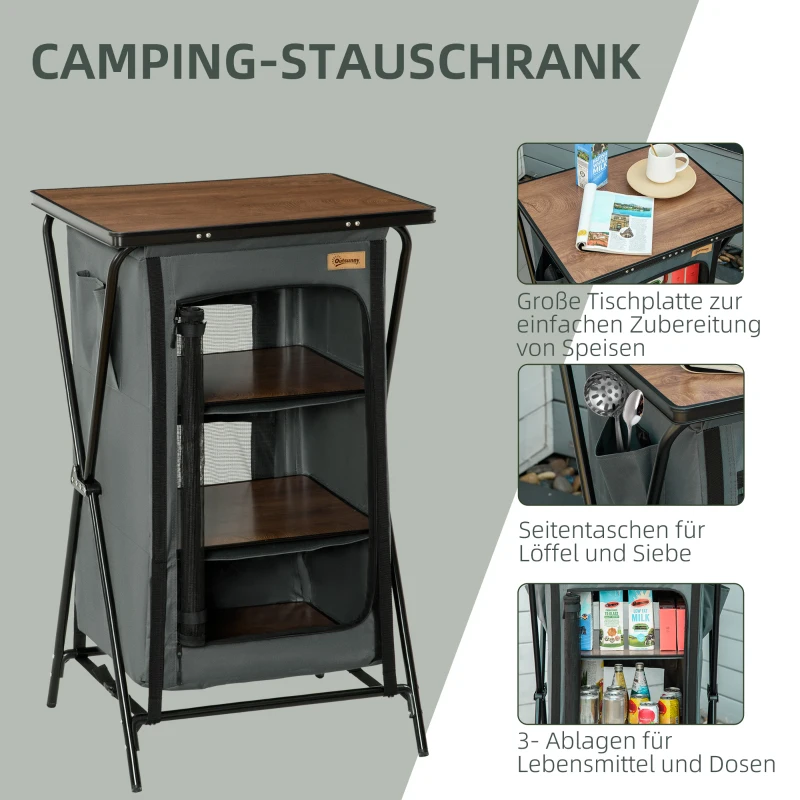 Outsunny Campingtafel met 3 Planken, Ritsdeur, Aluminium, Opvouwbaar, Grijs