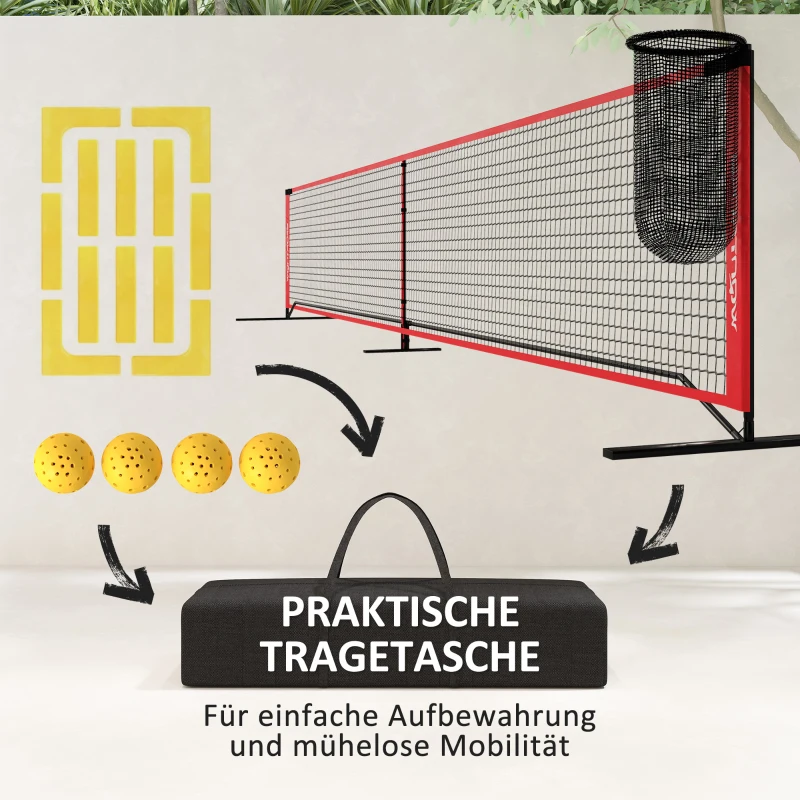 SPORTNOW Complete Pickleball-Set met Net, Standaard, Ballen, Staal, Kunststof, Rood