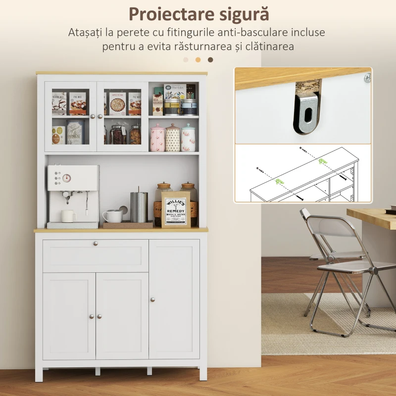 HOMCOM Bufet de Bucătărie cu Sertare, Rafturi Deschise și Rafturi Reglabile din Lemn MDF, 100x40x180 cm, Alb(m-8)