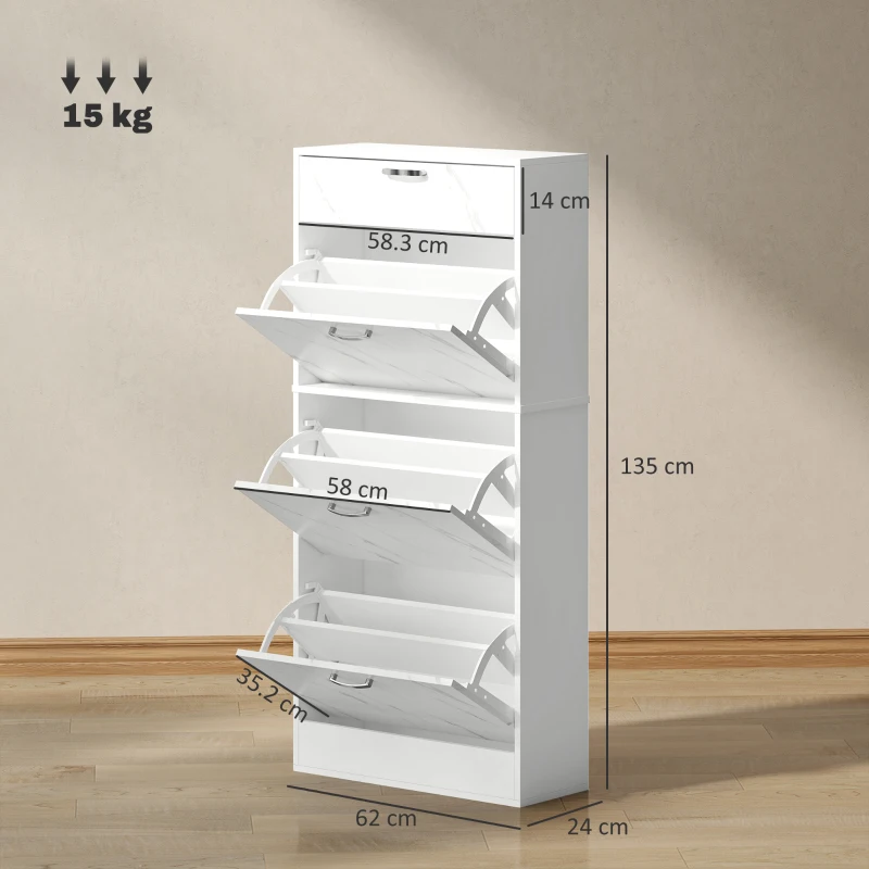 HOMCOM Marble Shoe Storage Cabinet with 3 Flip Drawers, Hallway Cabinet with Top Drawer and Adjustable Shelves, Shoe Cupboard for 18 Pairs, White