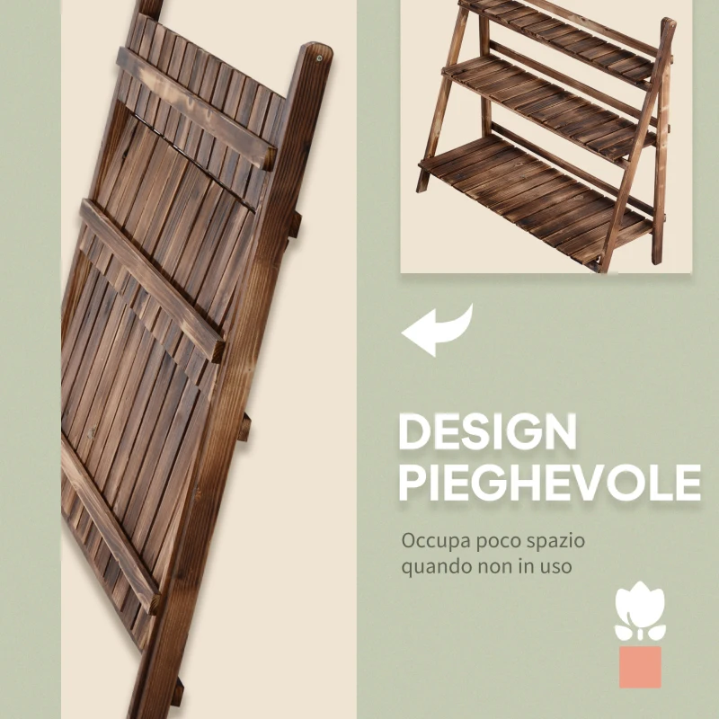 Outsunny Portapiante Pieghevole Portavasi in Legno di Abete con 3 Livelli Scaffale da Esterno per Piante Portafiori 100x37x93cm