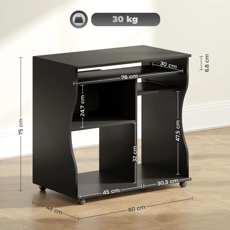 HOMCOM Computertafel op Wielen, Bureau met Opbergruimte, 80 x 48 x 75 cm, Zwart