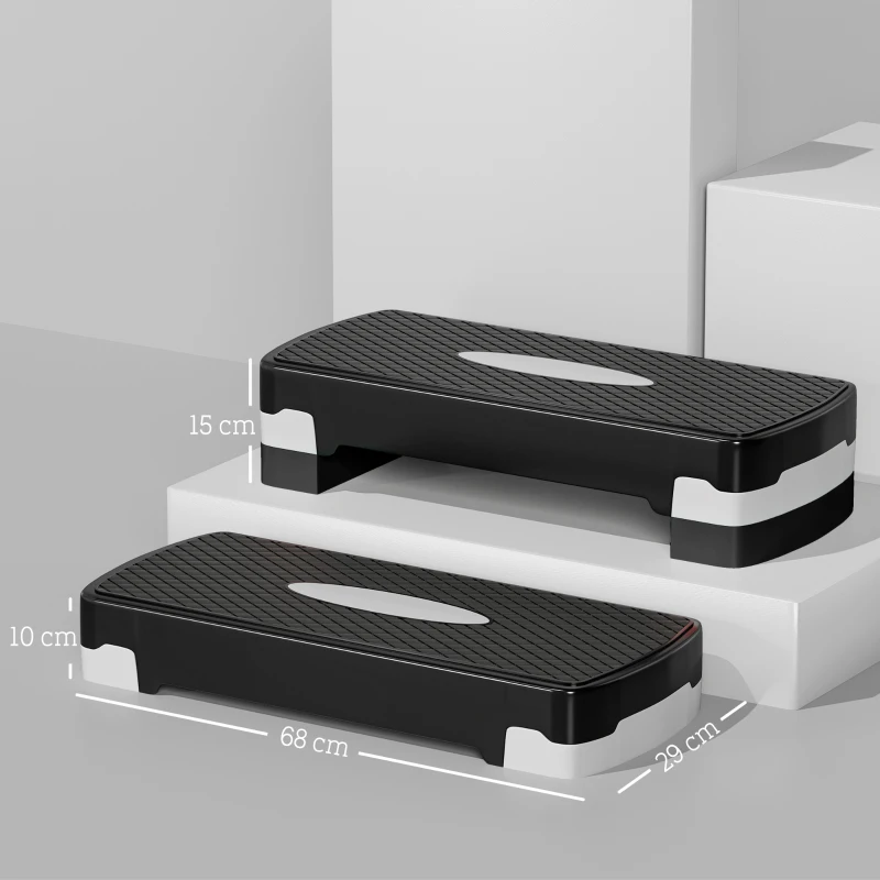 HOMCOM Stepper Fitness Casa, Step Fitness con Altezza Regolabile 10-15 cm, con Strato Antiscivolo, Pedana Step Fitness Casa per Allenamento a Palestra, 68x29cm, Nero e Grigio