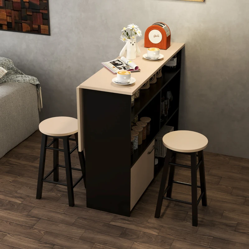HOMCOM 3-cz. Zestaw Barowy, Bartisch ze Składanym Blatem, 2 Stołki Barowe, 6 Schowków, Czarny+Dąb, 116 x 70 x 89,5 cm