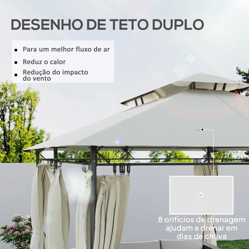 Outsunny Pérgola de Jardim 397x297x265 cm Pérgola de Exterior com Teto Duplo Paredes Laterais Resistente a Água Creme