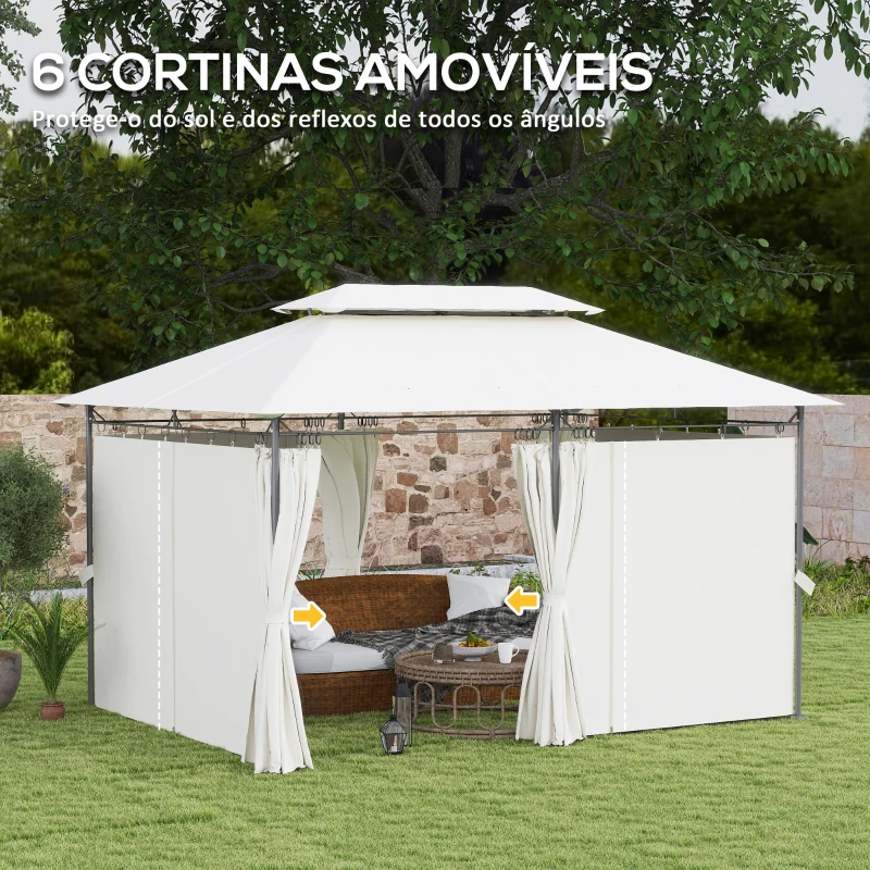 Outsunny Pérgola de Jardim 397x297x265 cm Pérgola de Exterior com Teto Duplo Paredes Laterais Resistente a Água Creme