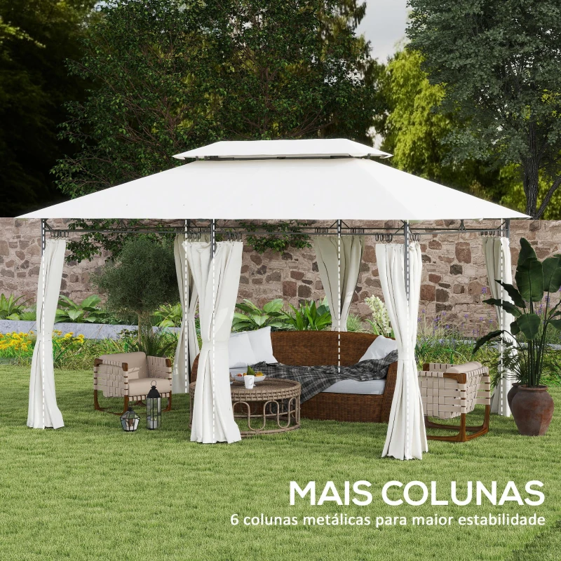 Outsunny Pérgola de Jardim 397x297x265 cm Pérgola de Exterior com Teto Duplo Paredes Laterais Resistente a Água Creme