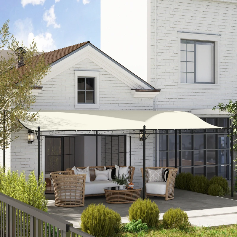 Outsunny Pérgola de Parede 591x298x200-253 cm Pérgola com Teto de Poliéster Impermeável e Estrutura Metálica  Creme